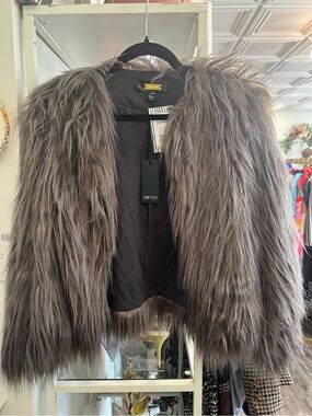 Greylin Taupe Long-Shag Faux Fur Crop Jacket NWT